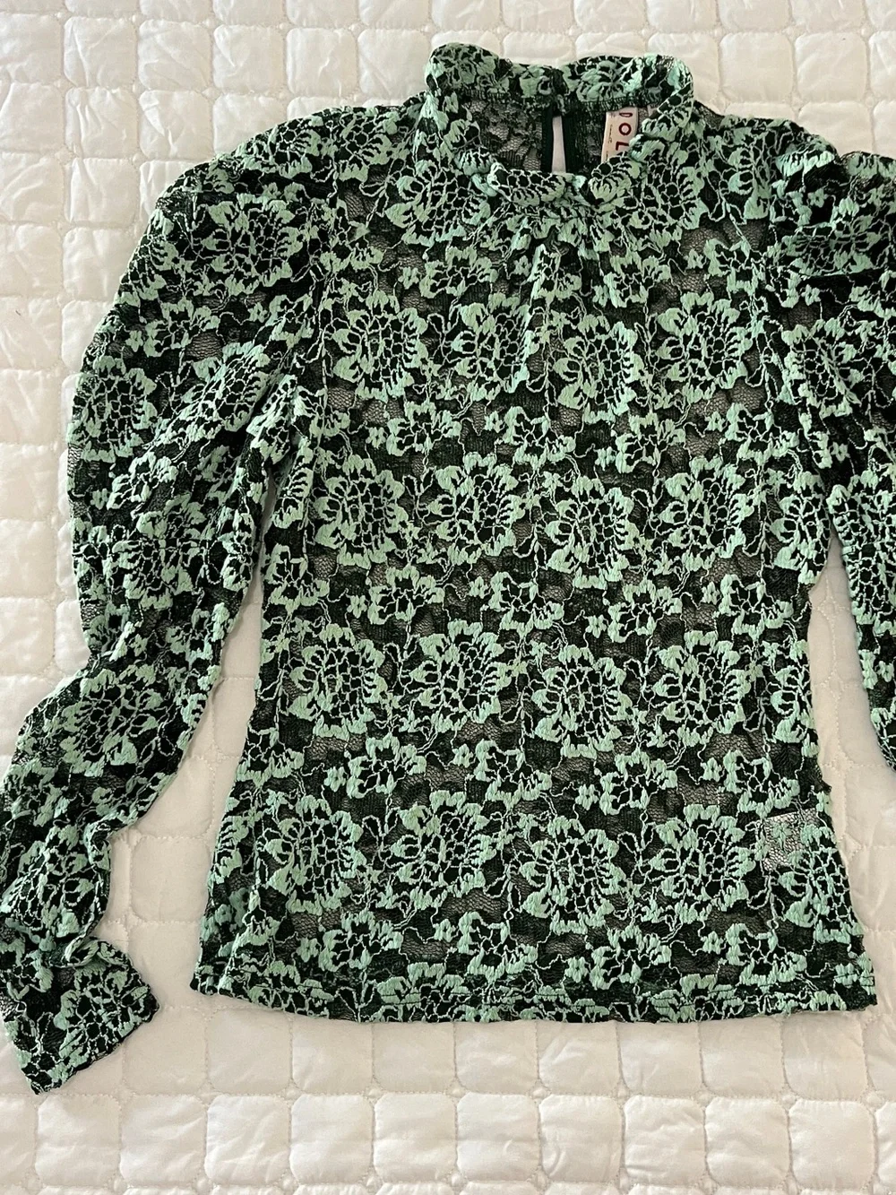 Anthropologie Dolan Small Mint Green Sheer Lace Mock Puff Long Sleeve Dressy Top